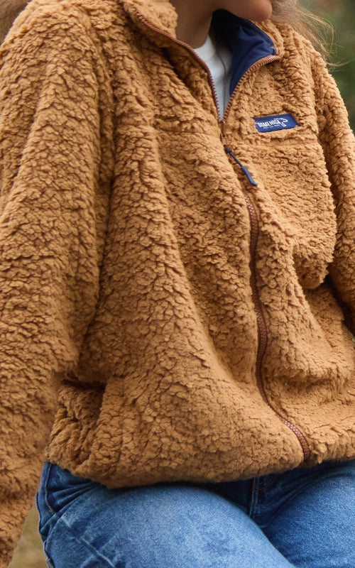 Saco ovejero camel unisex con cremallera tono a tono - detalle